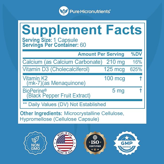 Pure Micronutrients Vitamin D3 K2 Supplement MK7 100mcg, 100mcg, D3 D3 5000 5000 iu, 60 capsules
