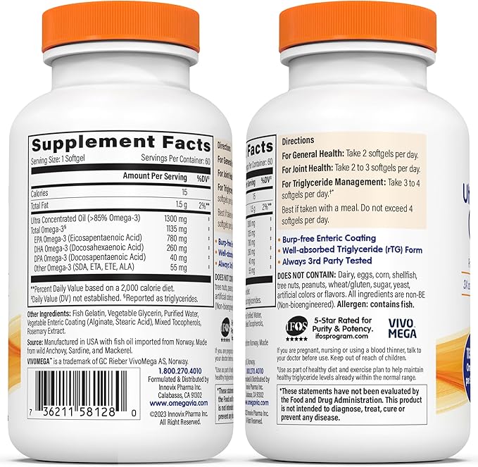 OmegaVia Ultra Concentrated Omega 3 Fish 60 Softgels, 3 Fish 1135 mg Omega3, No 5-Star