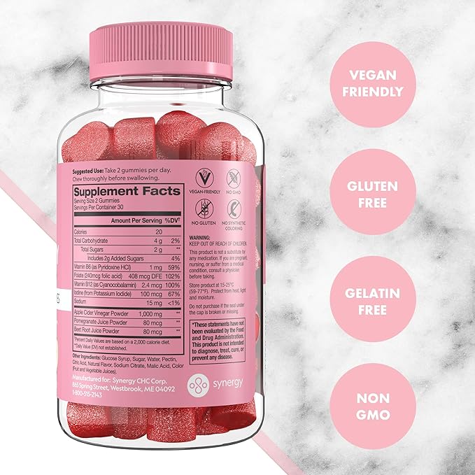Flat Tummy Apple Cider Vinegar Gummies, 60 Count – ACV Gummies, Detox, Support Gut Health – Vegan-Friendly, Non-GMO - Beet and Pomegranate Superfood Powders, Vitamins B6, B9 & B12