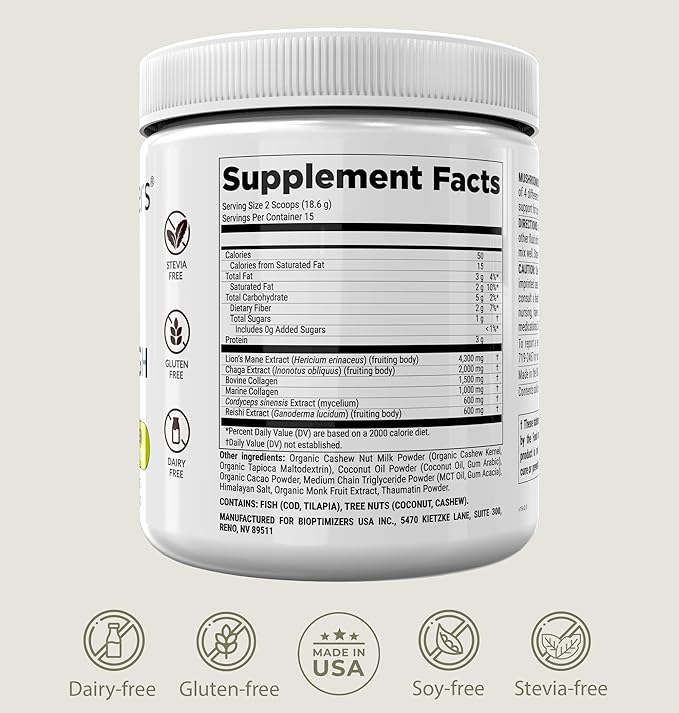 BiOptimizers Mushroom Coffee Alternative – Chocolate Drink – Lion’s Mane, Chaga, Reishi + Collagen Peptides for Focus, Energy & Gut Health – Adaptogenic Mushrooms & MCT Powder – 15 Servings