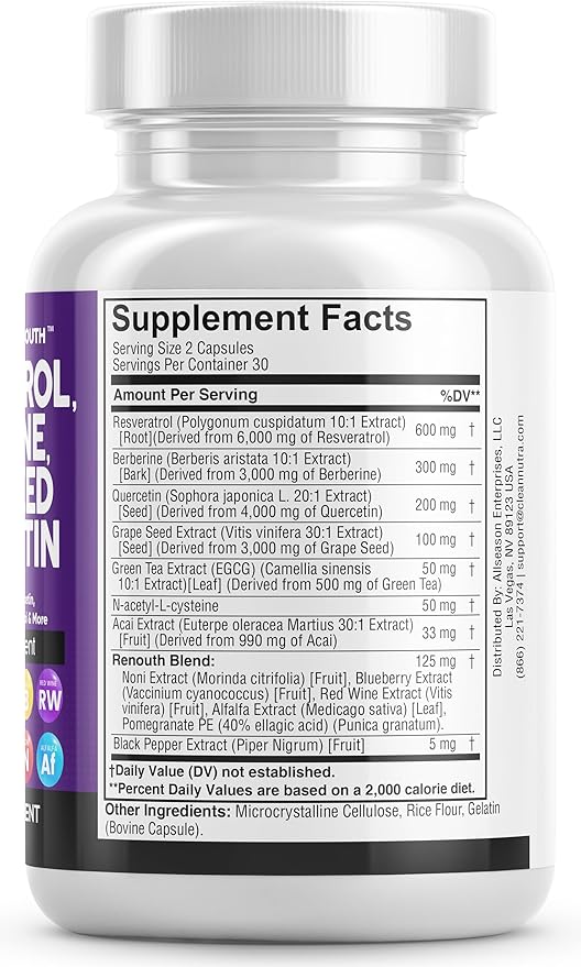 Resveratrol 6000mg Berberine 3000mg Grape Seed 3000mg Quercetin 4000mg Green 60 Capsules