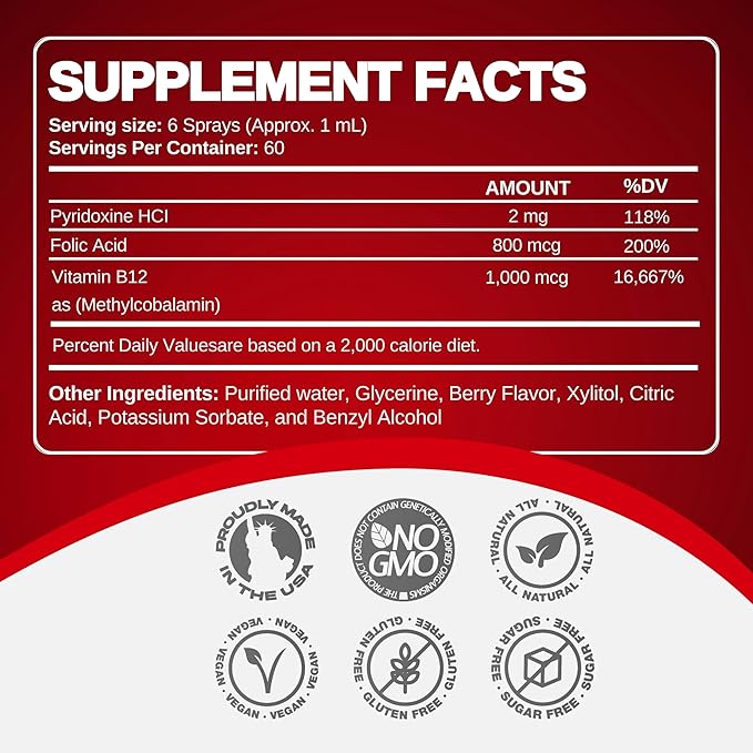 Vitamin B12 Energy Spray, Methylcobalamin (4 oz 120 Servings)