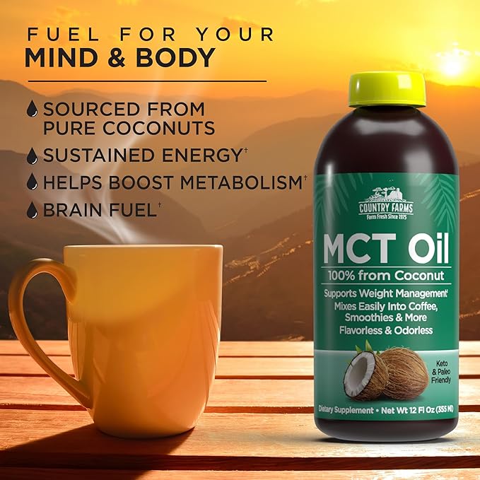 COUNTRY FARMS MCT Oil, Brain and Body Fuel from Coconuts*, Promotes Natural Energy, Keto and Paleo Friendly, Flavorless and Odorless, Non-GMO, 12 Fl Oz