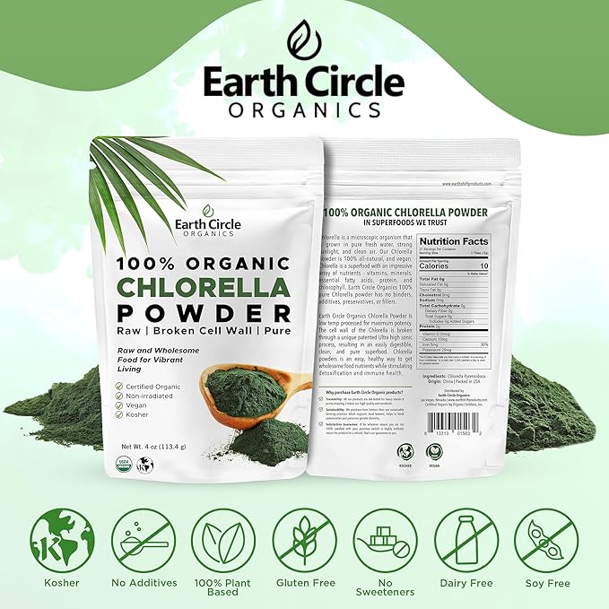 Earth Circle Organics Organic Chlorella Powder Superfood | Kosher | Broken Cell Wall Chlorophyll, Vegan, Super Green Algae, Clean Chlorella, High in Protein, Fiber & Amino Acids - 4oz