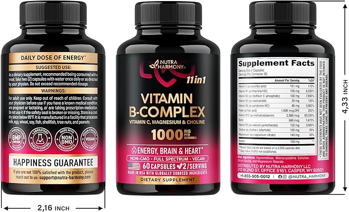 Vitamin B Complex for Men & Women 11-in-1 B-Complex: B1, B2, B2, B3, B3, B5, B5, B6, B6, B7, B7, B8, B8, B9, B9, B12 B12 with 60 Vegan