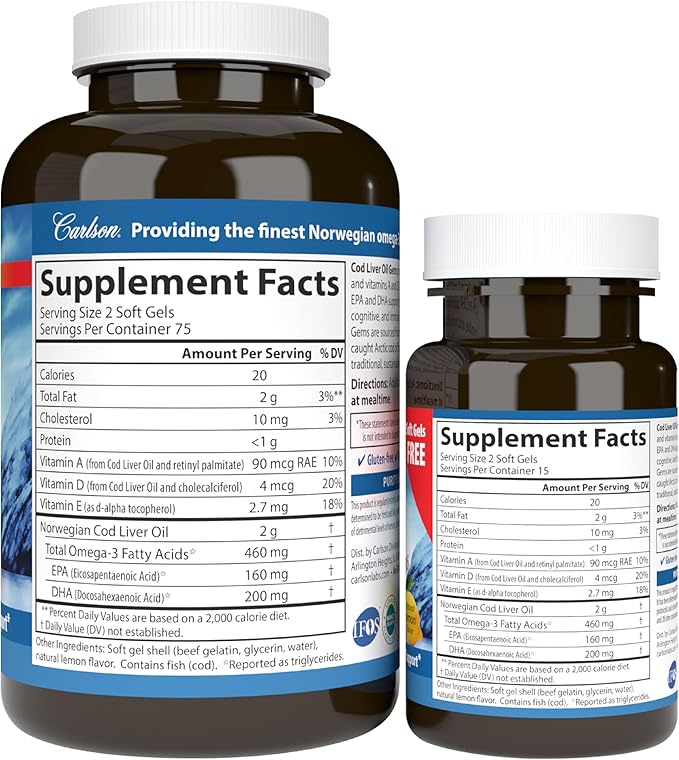 Carlson - Cod Liver Oil Gems, 460 mg Omega-3s, plus D3, Wild 150 + 30 Softgels