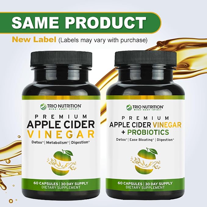 TRIO NUTRITION Apple Cider Vinegar Capsules with Multi-Strain Probiotics - Natural Sugar Free ACV Capsules with The Mother for Gut Health, Immunity, Body Cleanse & Healthy pH*