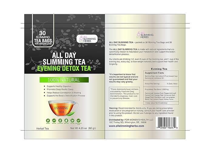 ALL SLIMMING HERBS All Day Slimming Tea For Weight Loss - All Natural 30 Days Detox Teas That Flattens Tummy - Daytime Energy Boost Tea 30 Bags + Evening Detox Tea 30 Bags