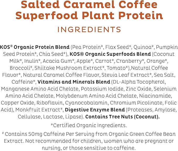 KOS Organic Vegan Protein Powder 50mg Caffeine, 28 Servings