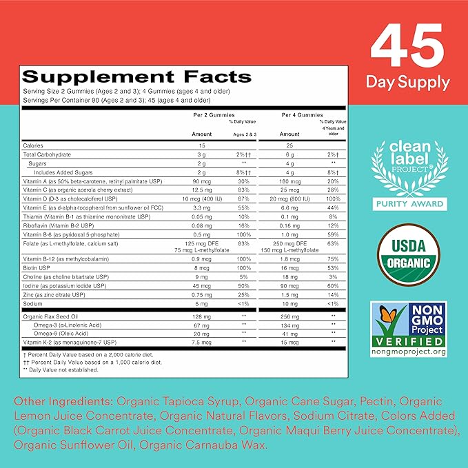 SmartyPants Organic Kids & Toddler Multivitamin 3 (ALA), D3, C, B12, B6, B6, Vitamin K2 & 180 Count