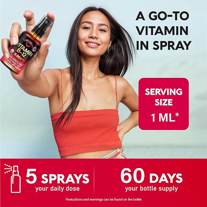 NUTRAHARMONY USDA Organic Vitamin B12 Spray - 5000 mcg Liquid Vegan Methylcobalamin for Women & Men - Energy Boost, Focus & Mood, Brain Health Support - Maximize Absorption - 2 Month Supply, 2 fl oz