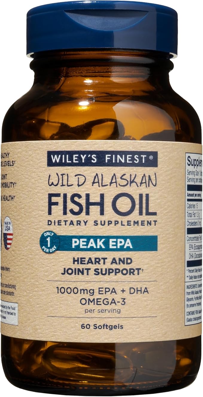 Wiley's Finest Wild Alaskan Fish Oil 1000mg Omega-3s, Omega-3s, SQF-Certified 60 Softgels (60 Servings)