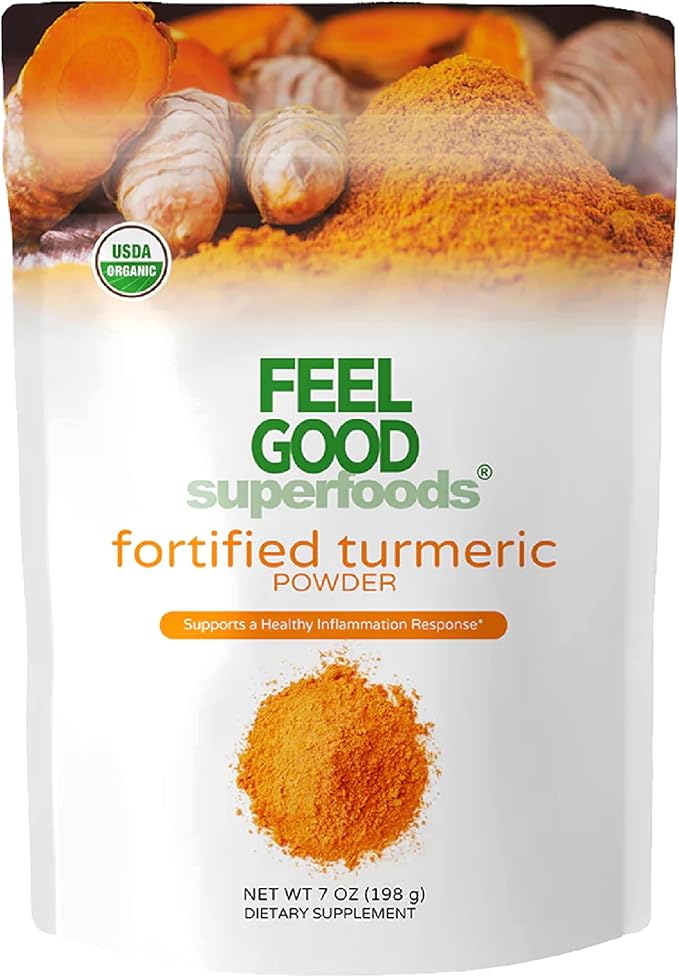 Feelgood Superfoods Fortified Turmeric Powder - Vegan Turmeric Supplement with Black Pepper Extract - Offers Cardiovascular, Joint, Digestive & Immune Support - 7 oz