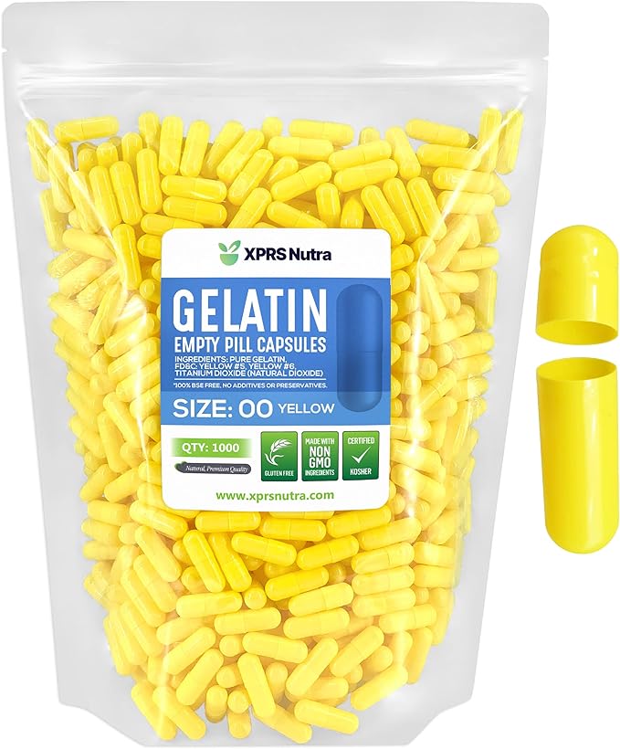 XPRS Nutra Size 00 Empty Capsules - 1000 Count Empty Gelatin Capsules - Empty Pill Capsules - DIY Capsule Filling - Fillable Pill Capsules Empty Gel Caps (Yellow)