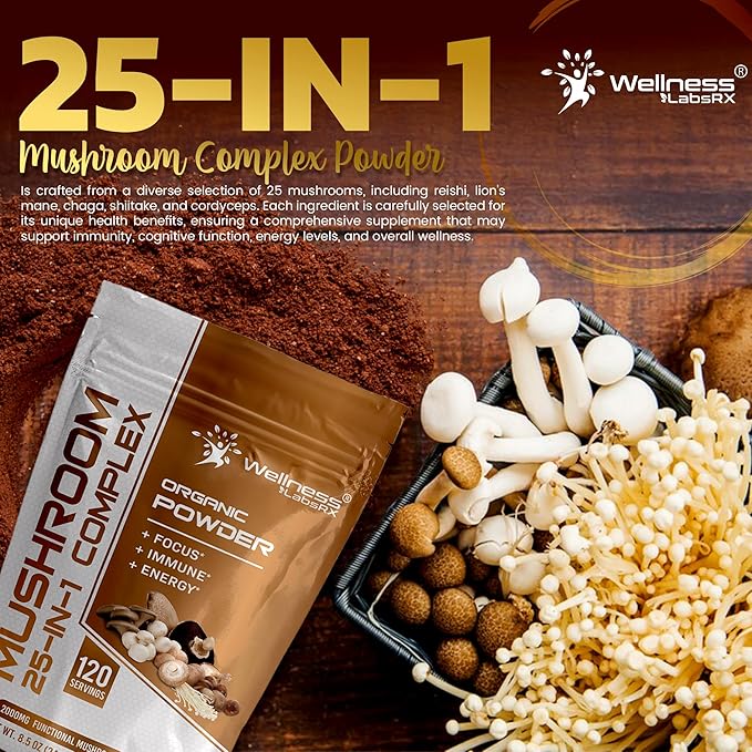 Mushroom Powder, 25 in 1 Mushrooms Supplement - 2000mg, 25 Superfood Mishroom Lions Mane Powder with Chaga, Shiitake, Cordyceps, Reishi - Lion's Mane Mushroom - Pack of 2