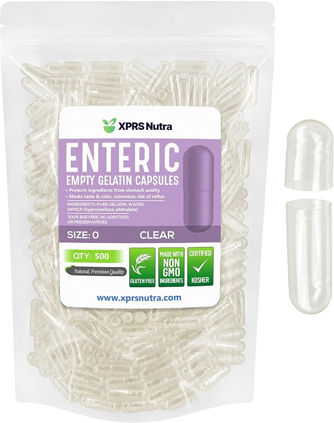 XPRS Nutra Size 0 Empty Capsules - 500 Count Clear Enteric Coated Empty Gelatin Capsules - Delayed Release Pill Capsules - DIY Capsule Filling - Pure Bovine Empty Enteric Capsules Gel Caps