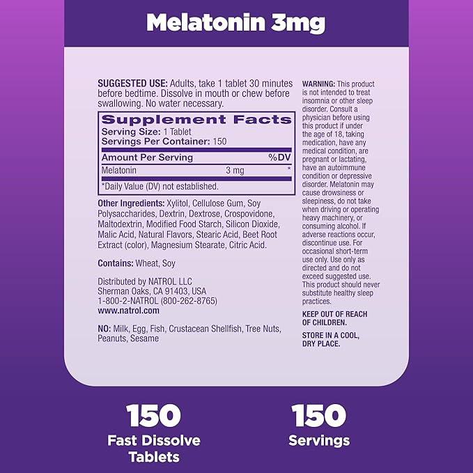Natrol Melatonin 3mg, Strawberry-Flavored Dietary Supplement 150 Fast-Dissolve 150 Day 12)