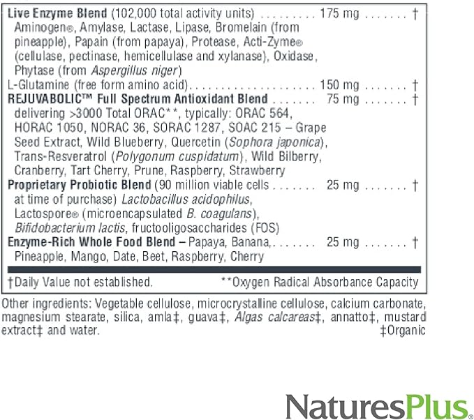 Natures Plus AgeLoss Digestion Support - 90 Capsules - Prebiotics, Live Enzymes & 150 mg L-Glutamine - Gluten Free - 30 Servings