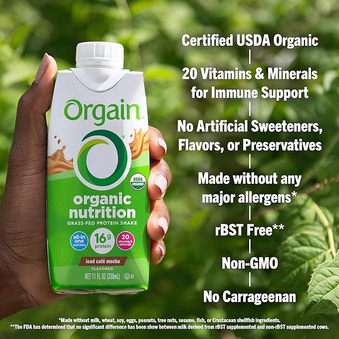 Orgain Organic Nutritional Protein Shake, Iced 16g Grass 20 Vitamins 11 Fl (12 Pack)
