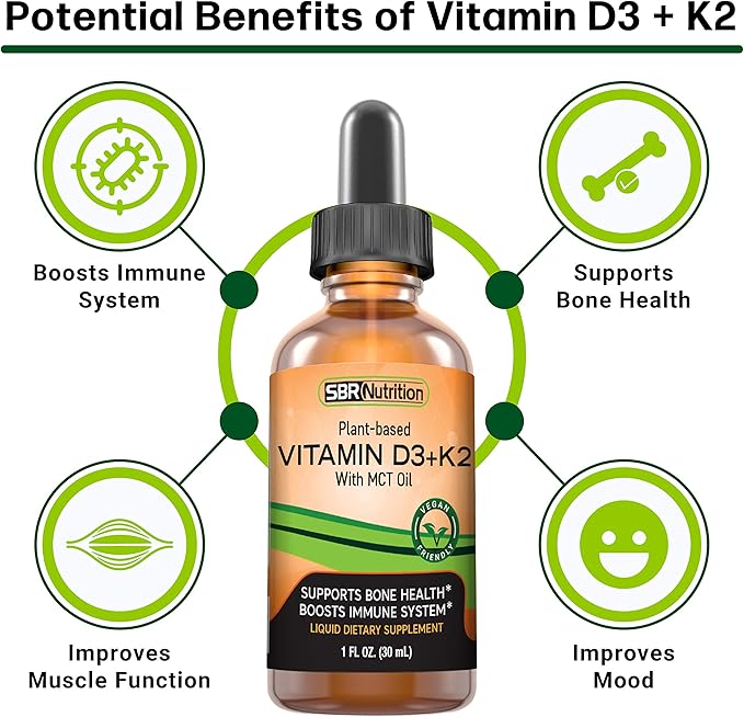 Vegan Vitamin D3 + K2 (MK-7) Liquid Drops with MCT Oil, Peppermint Flavor, Helps Support Strong Bones and Healthy Heart