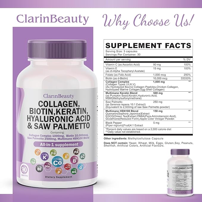 ClarinBeauty 100% Natural Collagen Pills 1000mg 10000mcg Keratin 2500mg Hyaluronic