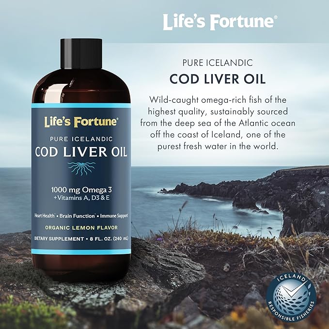 Life's Fortune Cod Liver Oil Liquid (8 Oz) 1,000 mg D3 - 100% Fish