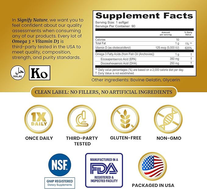 Omega 3 Fish Oil Supplement D3 5000 5000 IU 1000mg Triglyceride Omega-3 Fish 3 Blend D3 & 3-90CT