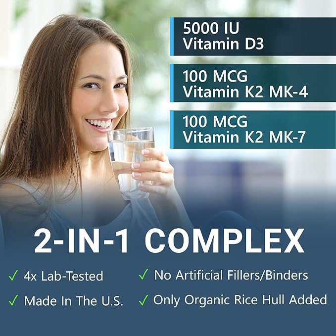Vitamin D3 K2 Supplement 5000 IU 200 mcg D3, Patented MK7 & MK4, Heart 90 Vegetarian