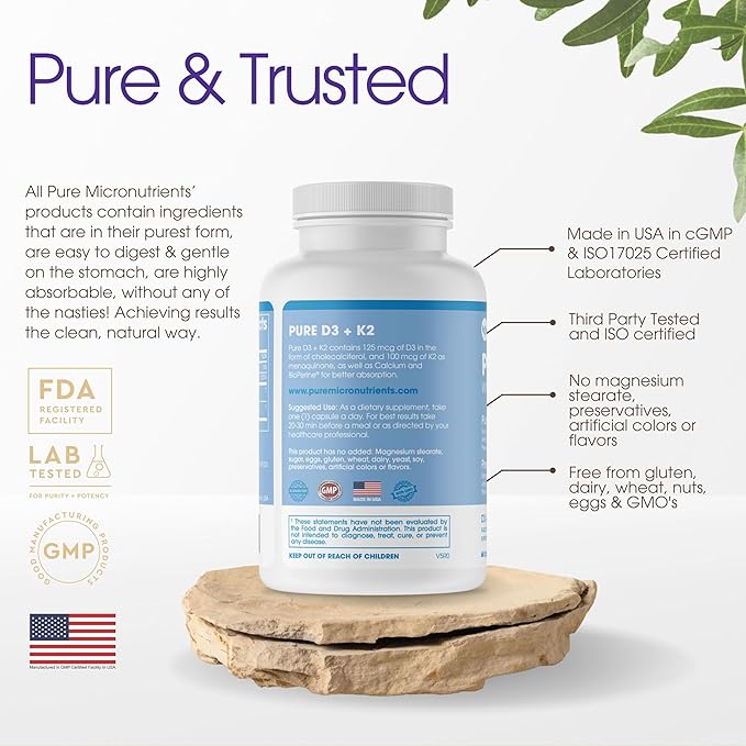 Pure Micronutrients Vitamin D3 K2 Supplement MK7 100mcg, 100mcg, D3 D3 5000 5000 iu, 60 capsules