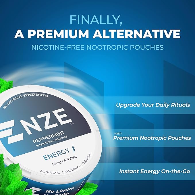 NZE Caffeine Nootropic Pouches (Peppermint) - Nootropic Energy Pouches with 50mg Caffeine, Alpha GPC, L-Tyrosine & L-Theanine with No Sugar or Artificial Sweeteners - 15 Nicotine Free Pouches Per Can
