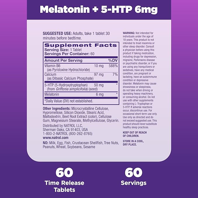 Natrol Advanced Sleep Melatonin + 5HTP, 6mg, Calming 60 Time-Release 60-Day Supply