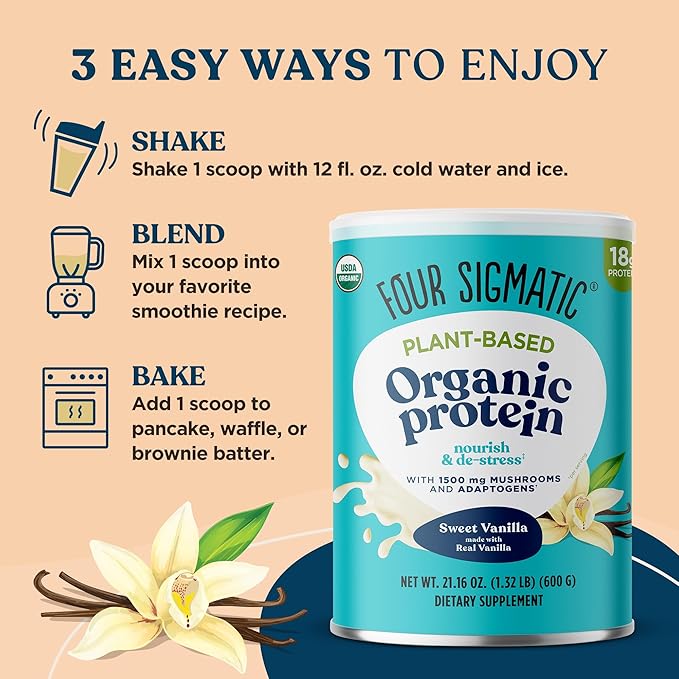 Four Sigmatic Organic Vegan Protein Powder 18g Plant-Based 21.16oz, 15 15 Servings