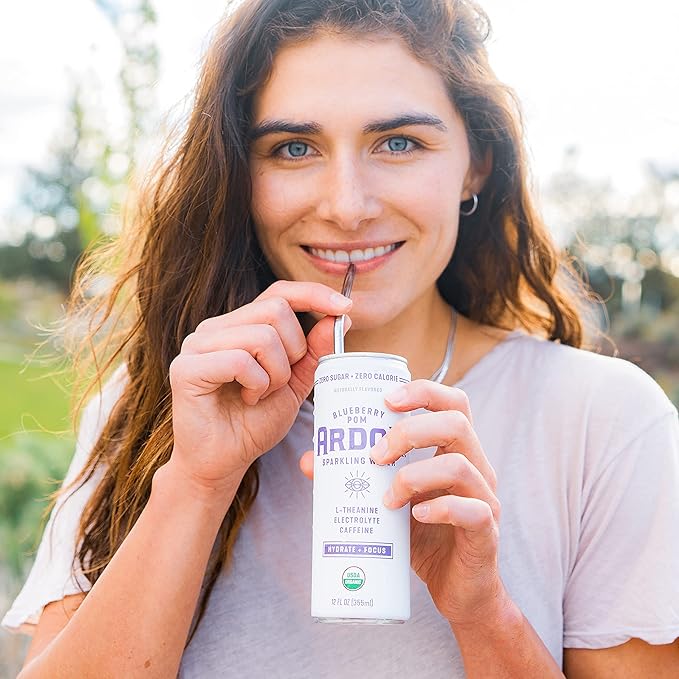 ARDOR ENERGY Sparkling Water Blueberry Pom 12 pack with 100mg Organic Caffeine from Green Tea & 200mg Organic L-Theanine (Focus & Calm). No Sugar. No Calories. Vegan. Gluten Free.