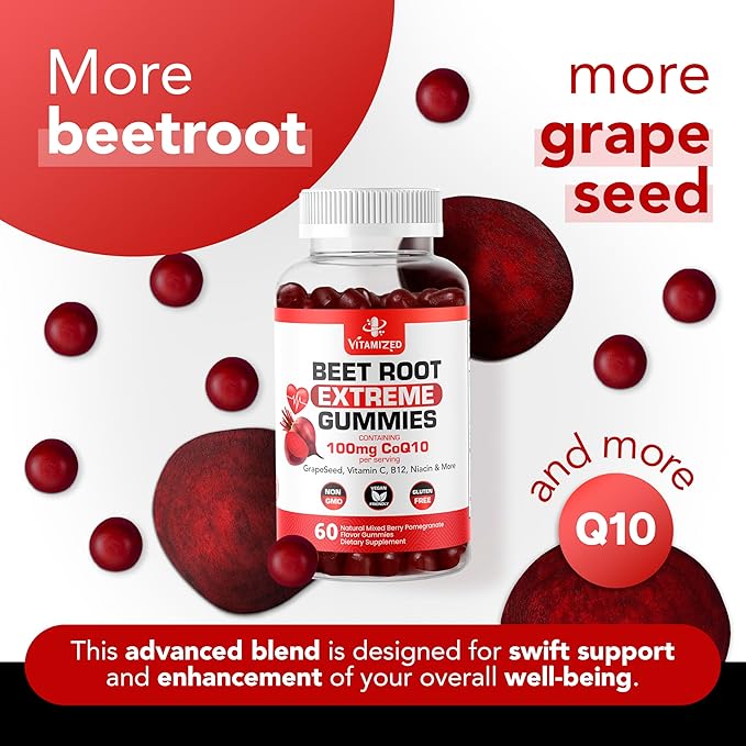 Extreme Beetroot Formula & COQ10 100mg with Grape Seed Extract, for Circulation Energy & Flow, 1500mg Beet Root Gummies Extract Gluten Free 60