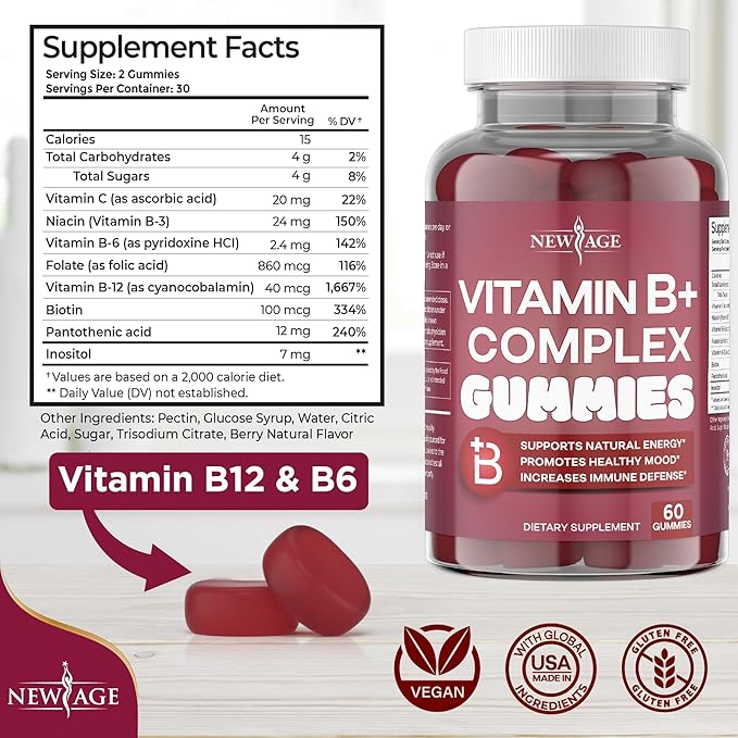 NEW AGE Vitamin B Complex Gummies B3, B5, B5, B6, B6, B7, B7, B9 B9 & B12 – (180 Count 3))