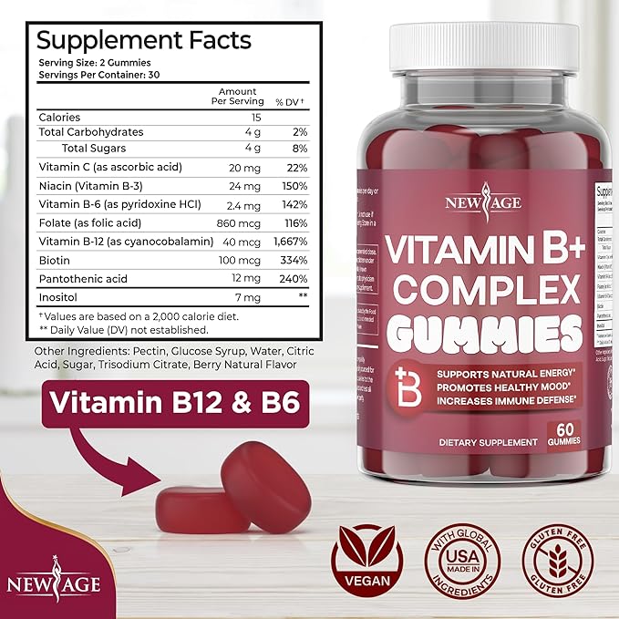 NEW AGE Vitamin B Complex Gummies B3, B5, B5, B6, B6, B7, B7, B9 B9 & B12 – (180 Count 3))