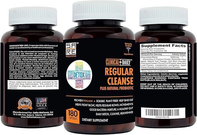 Clinical Daily Regular Cleanse Plus Natural Probiotic - Colon Cleanse & Gut Detox Supplement - Assists with Energy and Constipation Relief - Herbal Dietary Fiber Psyllium Husk Capsules - 180 Count