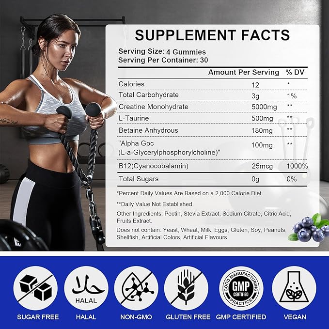 Creatine Monohydrate Gummies 5000mg for Men & Women, Creatine Monohydrate for Muscle Strength, Muscle Builder, Energy Boost, Pre-Workout Supplement, Blueberry Flavor, 120Count