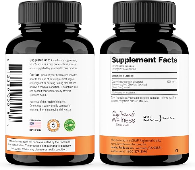Sandhu's Quercetin Vegetarian Capsules Supplements 120 Count (Pack of 1) | Bioflavonoids for Immune Support & Respiratory Health, Seasonal Allergy Support | Quercitin for Men and Women