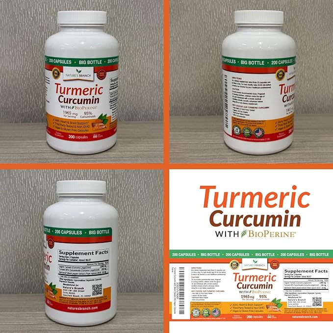 Turmeric Curcumin with Black Pepper - Organic Turmeric Powder - 200 Capsules - 1965mg Extra Strength, Joint Support Supplement - High Absorption, BioPerine Extract, High Potency, Vegan - Made in USA