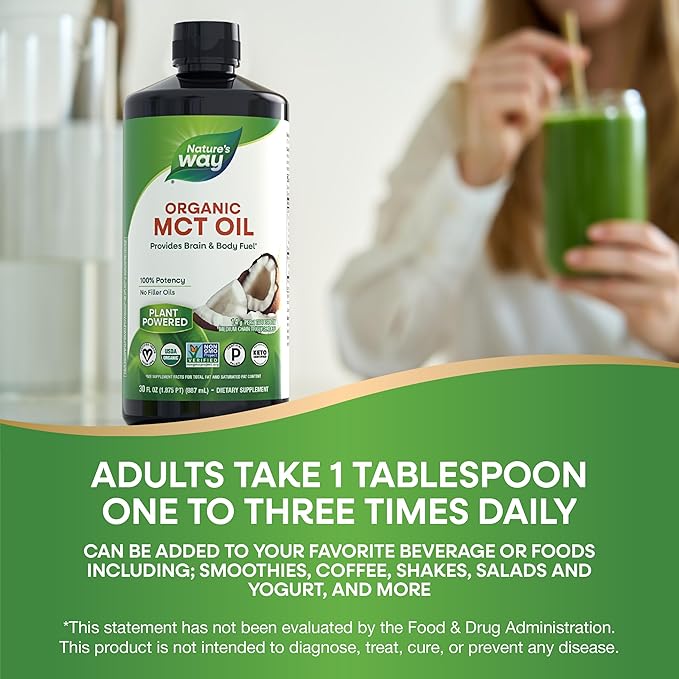 Nature's Way Organic MCT Oil, 30 Fl Oz, Brain and Body Fuel from Coconuts*, C8 Caprylic Acid and C10 Capric Acid, Keto and Paleo Certified, Organic, Non-GMO Project Verified (Packaging May Vary)