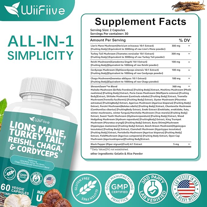 Lions Mane 3000mg Turkey Tail 3000mg 1000mg Chaga 1000mg Cordyceps 60 Capsules