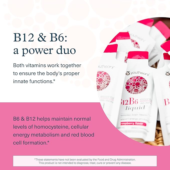 Youtheory Vitamin B12 B6, Daily Energy and Brain Support Supplement, Liquid Raspberry Flavor, 12 – 1oz Single Serving Packets