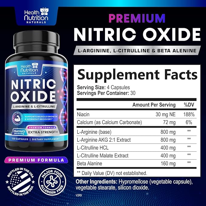 Extra Strength Nitric Oxide Supplement L Arginine 3X Strength - Citrulline Malate, AAKG, Beta Alanine - Premium Muscle Supporting Nitric Booster for Energy & Strength to Train Harder - 120 Capsules