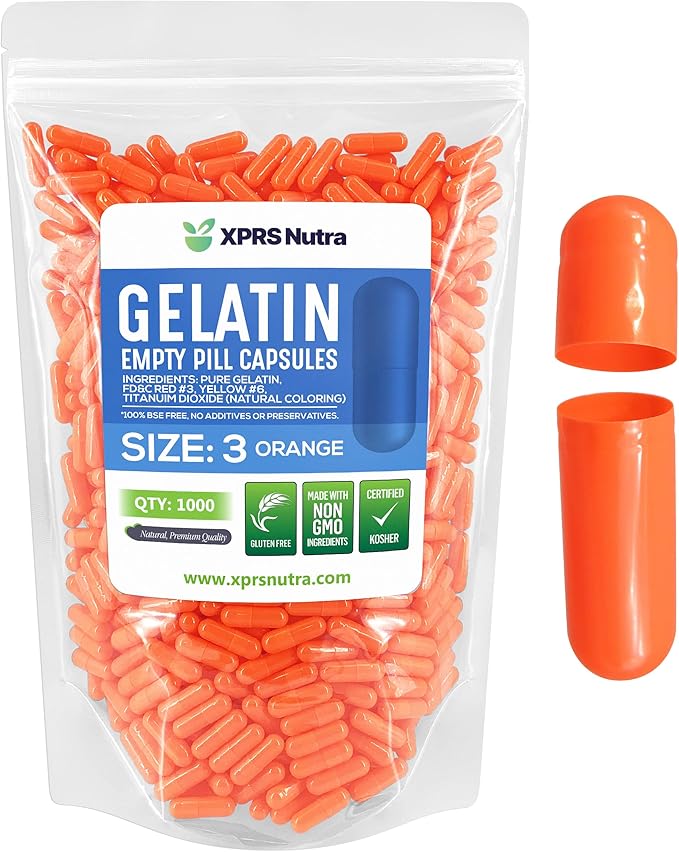 XPRS Nutra Size 3 Empty Capsules - 1000 Count Empty Gelatin Capsules - Empty Pill Capsules - DIY Capsule Filling - Pure Bovine Pill Capsules Empty Gel Caps (Orange)