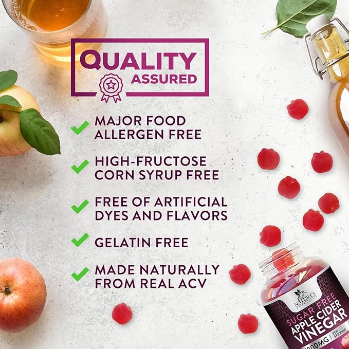 Apple Cider Vinegar Gummies for Weight Loss 1000mg - Vegan Apple Vinegar Gummy for Detox & Cleanse, ACV Supplement Pills, Vitamin B12, Sugar Free ACV Gummy, Non-GMO, Nature's Nutrition - 60 Gummies