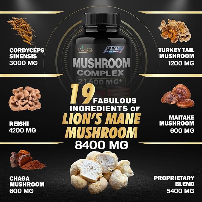 Organic Cadane 19in1 High Strength Mushroom 10800mg - 4-Month Supply 120 Capsules