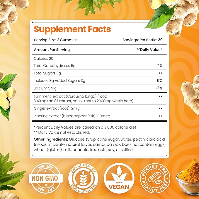 Turmeric Gummies for Adults - Extract 8:1 2000mg - Black Pepper and Ginger Supplements for Joint Support - Vegetarian Chewable Vitamins Supplement - Peach Flavor Gummy Chews - Pack of 2