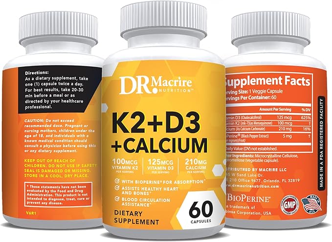 Vitamin D3 K2, 5000 IU Vitamin D3 and 100mcg K2 K2 with 60 Capsules.