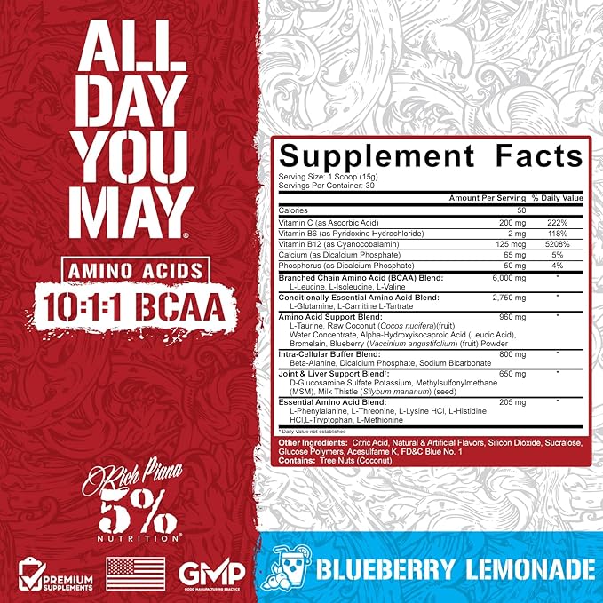 5% Nutrition Rich Piana AllDayYouMay BCAA Powder | Premium Intra & Post Workout Amino Acids, Hydration, Endurance, Muscle Recovery, Joint & Liver Support | 15.9 oz, 30 Servings (Blueberry Lemonade)